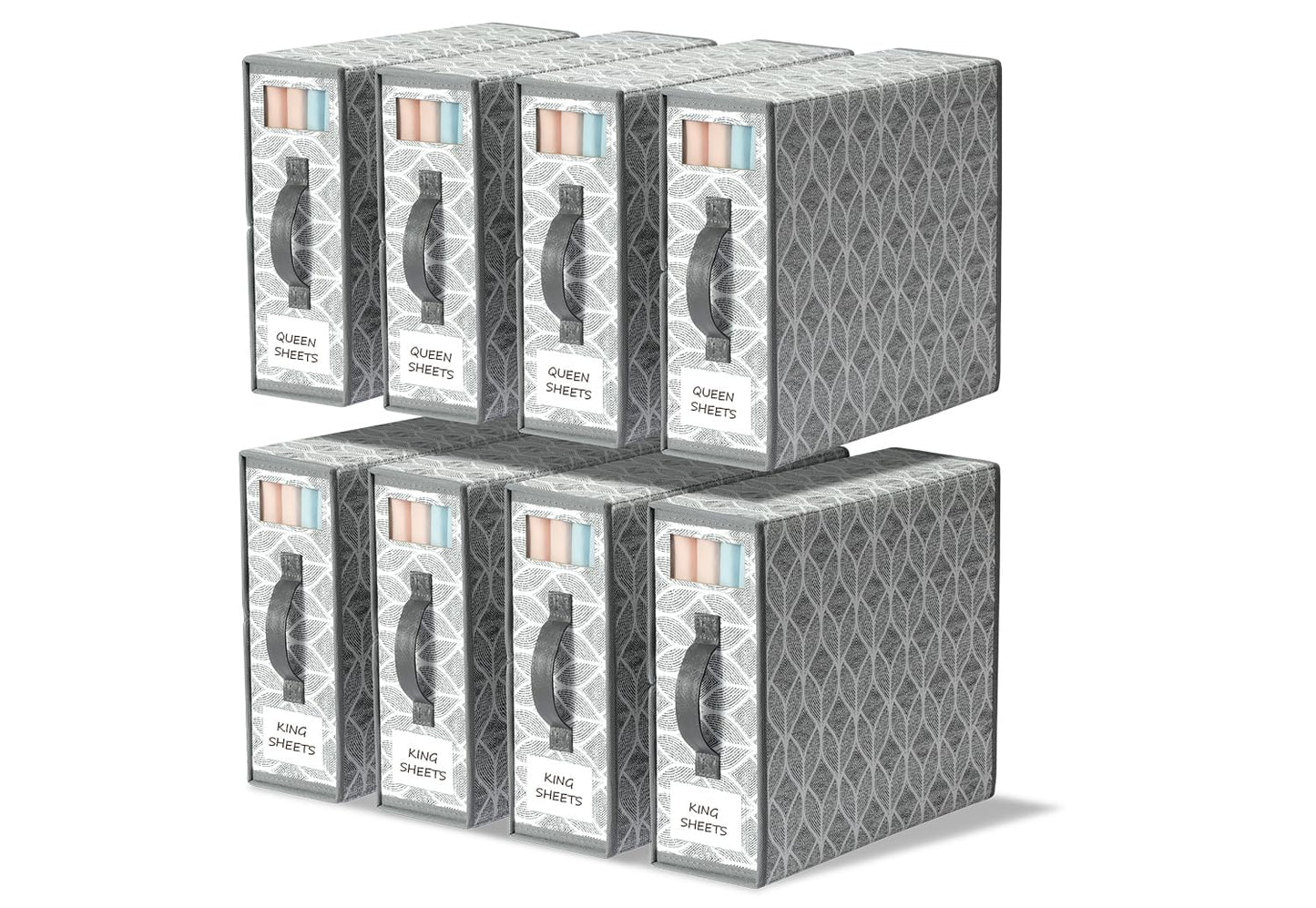 Yecaye 8 Pack Sheet Organizers and Storage with Clear Window and Label, Foldable Bed sheet Organizer for Linen Closet, Fabric Bedding Storage Box for Duvet Covers, Pillowcases, Queen & King Size, Grey
