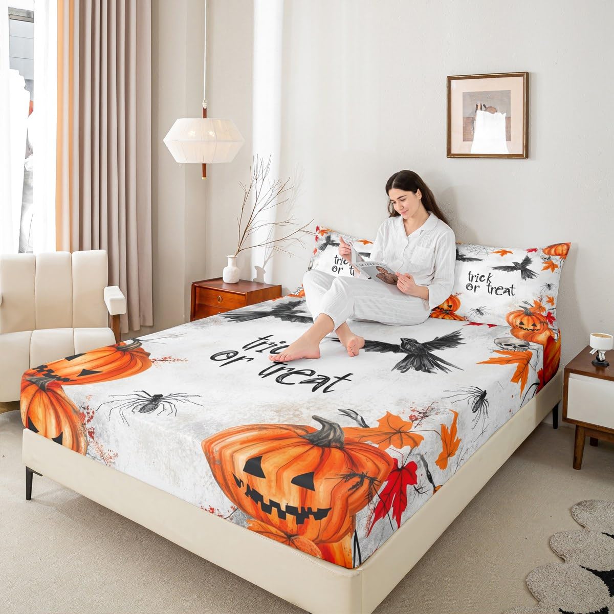 Feelyou Kids Halloween Bed Sheet Set Full Size, Pumpkin Fitted Sheet Boys Girls Trick or Treat Bedding Set Spider Web Teens Bedroom Decor (2 Pillow Cases and a Fitted Sheet)