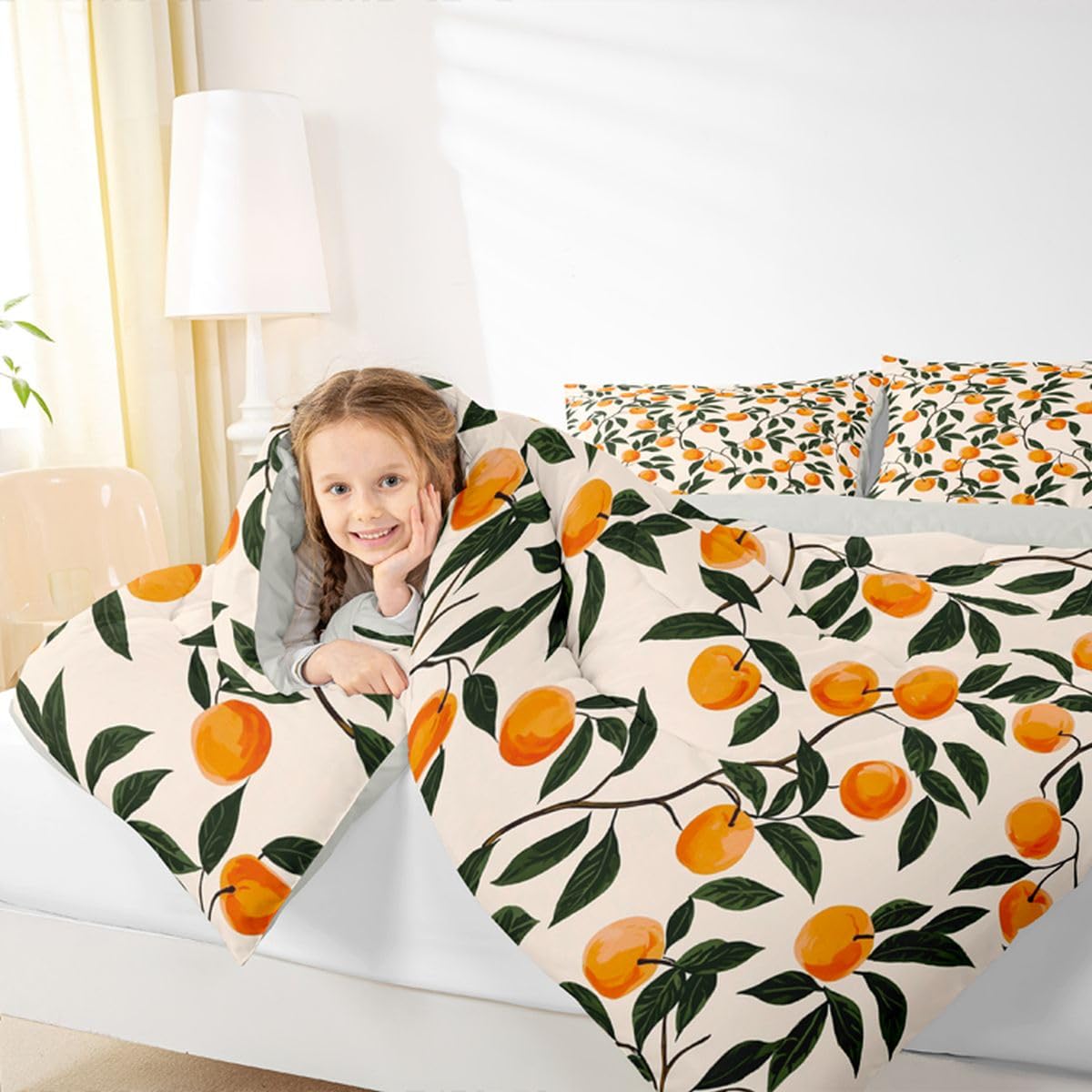 Manfei Cartoon Oranges 2Pcs Comforter Set Twin Size Country Rustic Bedding Set Kids Teens Adult Room Decor Botanical Themed Duvet Insert,1 Pillowcase Cute Fruit Printed