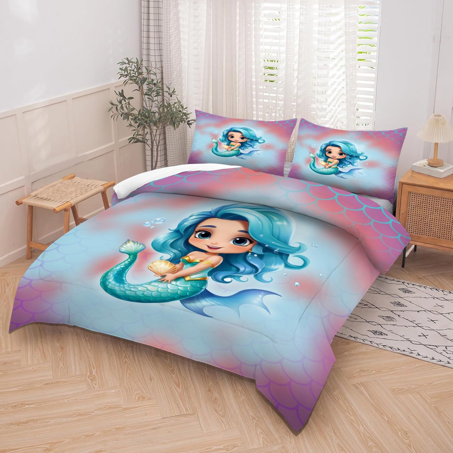 kxry King Size Little Lovely Mermaid Princess Comforter Sets Mermaid Fish Scale Bedding Set Sparkle Teal Quilt for Girls Kids Lightweight Soft Microfiber Room Decoration Duvet