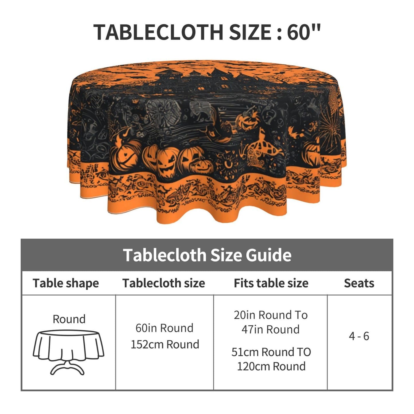 Halloween Haunted House Round Tablecloth 60 Inch, Bats Decorations Round Table Cloth for Halloween Holiday Picnic Party Kitchen/Home Dining Decor