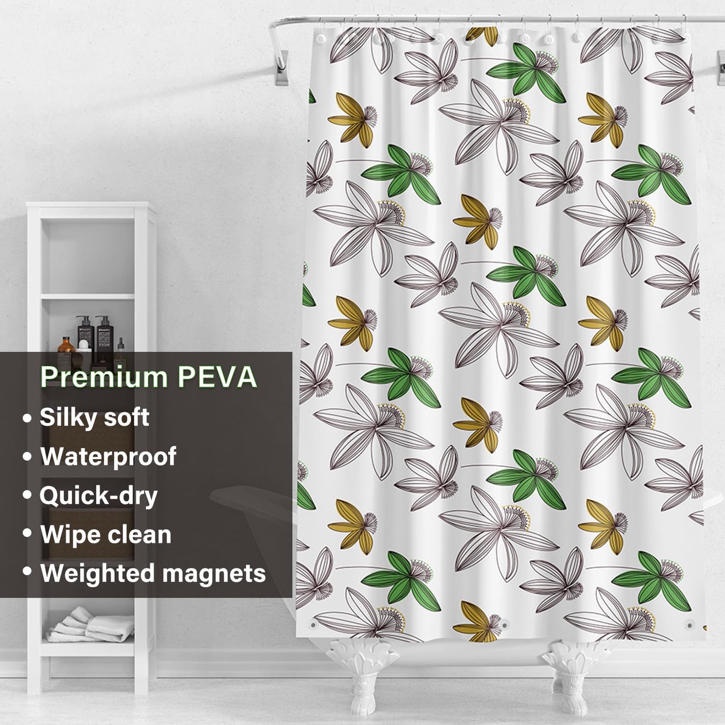 Myratts Plastic Shower Liner - Premium PEVA 6G Thickened Shower Curtain Liner with Rustproof Grommets and 3 Weighted Magnets, Waterproof Shower Curtain for Bathroom(Floral)