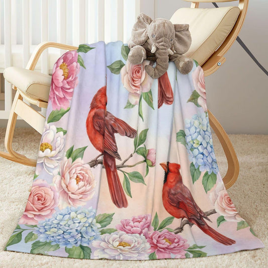 Perinsto Watercolor Flowers and Cardinal Birds Throw Blanket Ultra Soft Warm All Season Decorative Fleece Blankets for Bed Chair Car Sofa Couch Bedroom 60"X50"