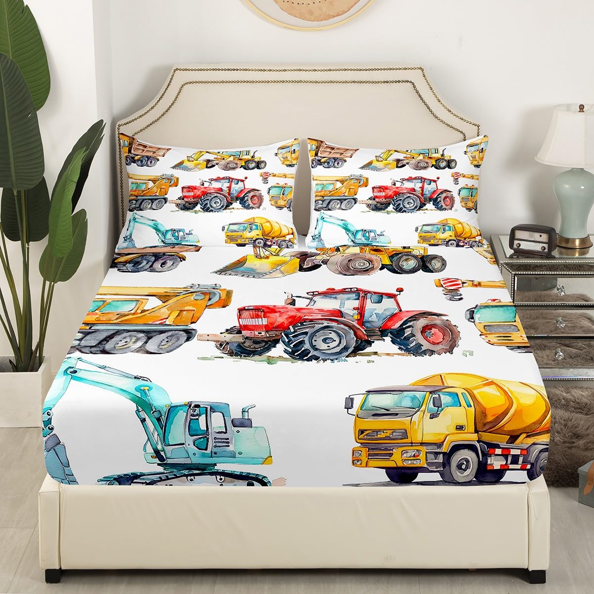 Erosebridal Excavator Bedding Set Full Size Truck Sheet Set for Kids Boys Girls Children Tractor Machinery Truck Fitted Sheet Crane Digger Mixer Bed Sheet Lightweight Décor