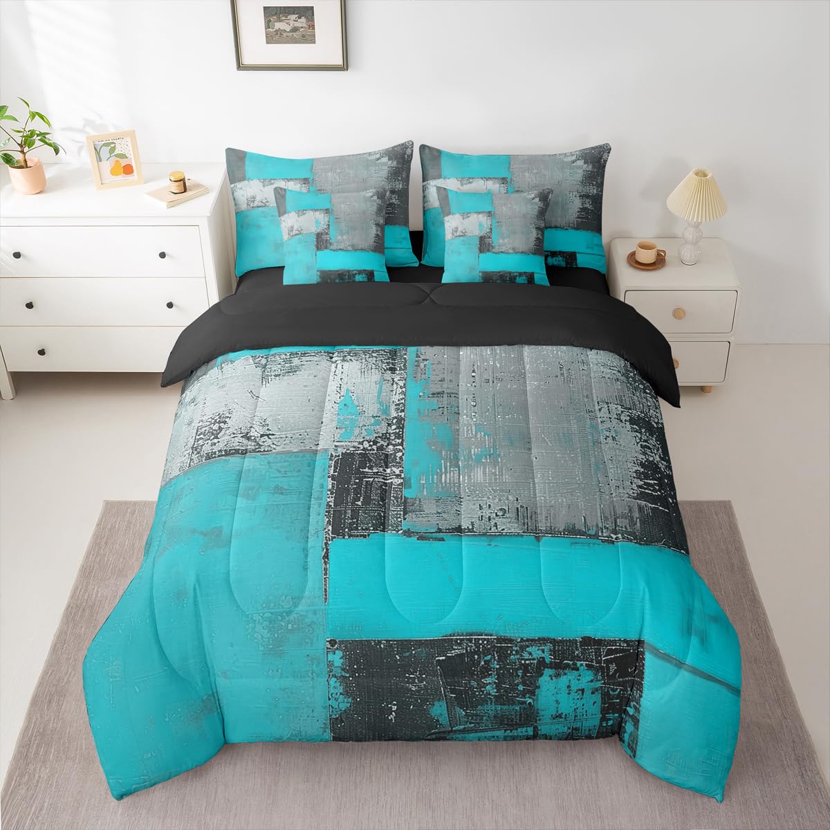 Feelyou Abstract Comforter Set with Sheets 7 Piece King Size Modern Abstract Art Bed in a Bag Kids Boys Girls Luxury Bedding Set Geometric Bedroom Decor Blue Gray Soft Lightweight Microfiber