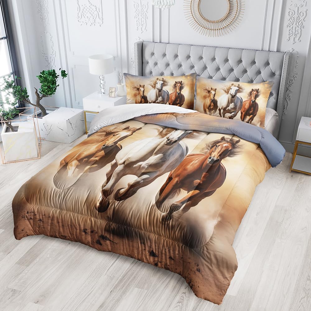 XYNHML Kid Galloping Horse Comforter Set Twin Animal Theme Handsome Horse Bedding Set Wild Animal Grey Sky Sand Decor Quilt Bed Set for Boys Girls Adult, 1 Comforter + 2 Pillowcases