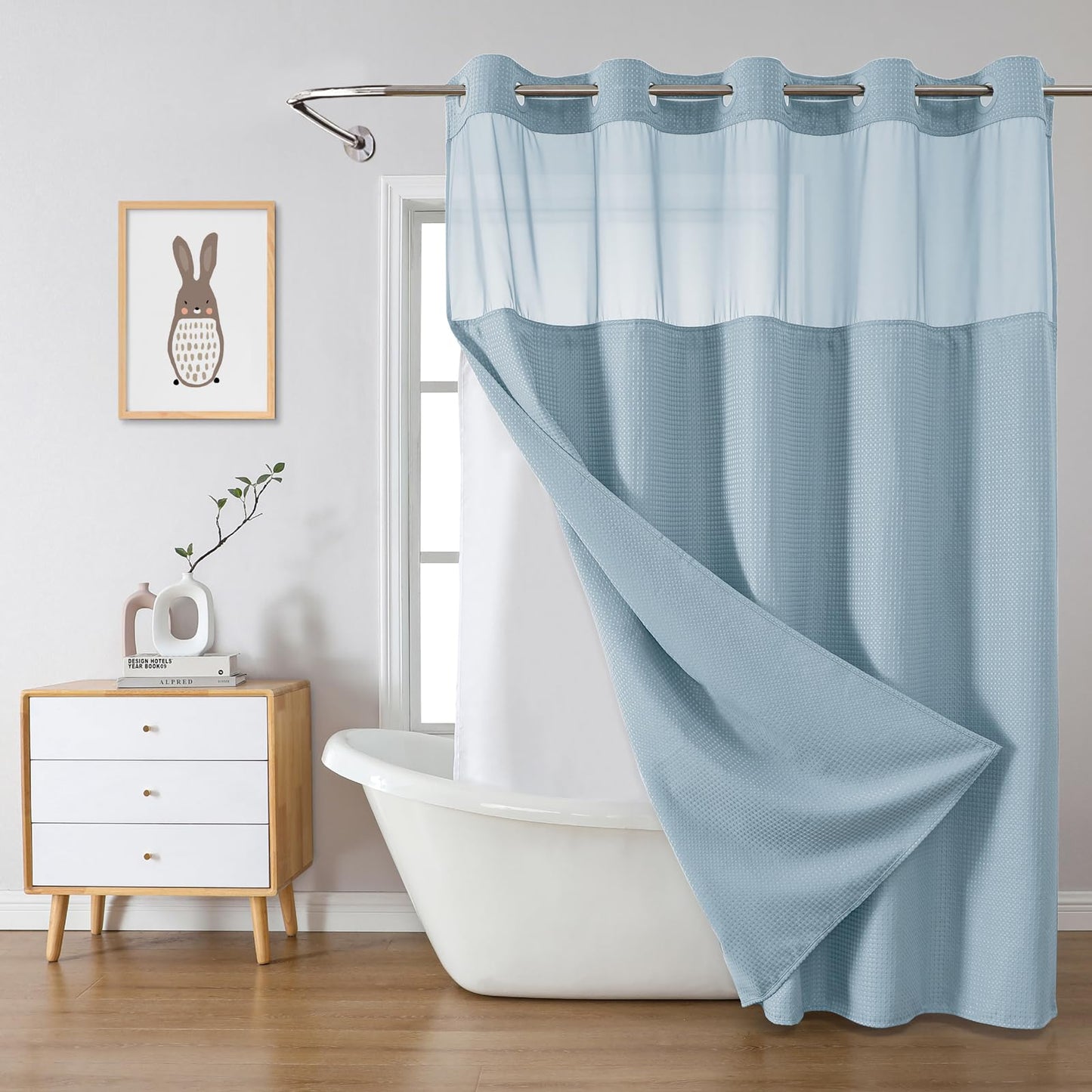 eachope Teal Hook Waffle Weave Shower Curtain with snap-in Liner Replacement, 230GSM Waterproof Fabric Hotel Shower Curtain Set for Bathroom, Through Mesh Top Window,71Wx74H
