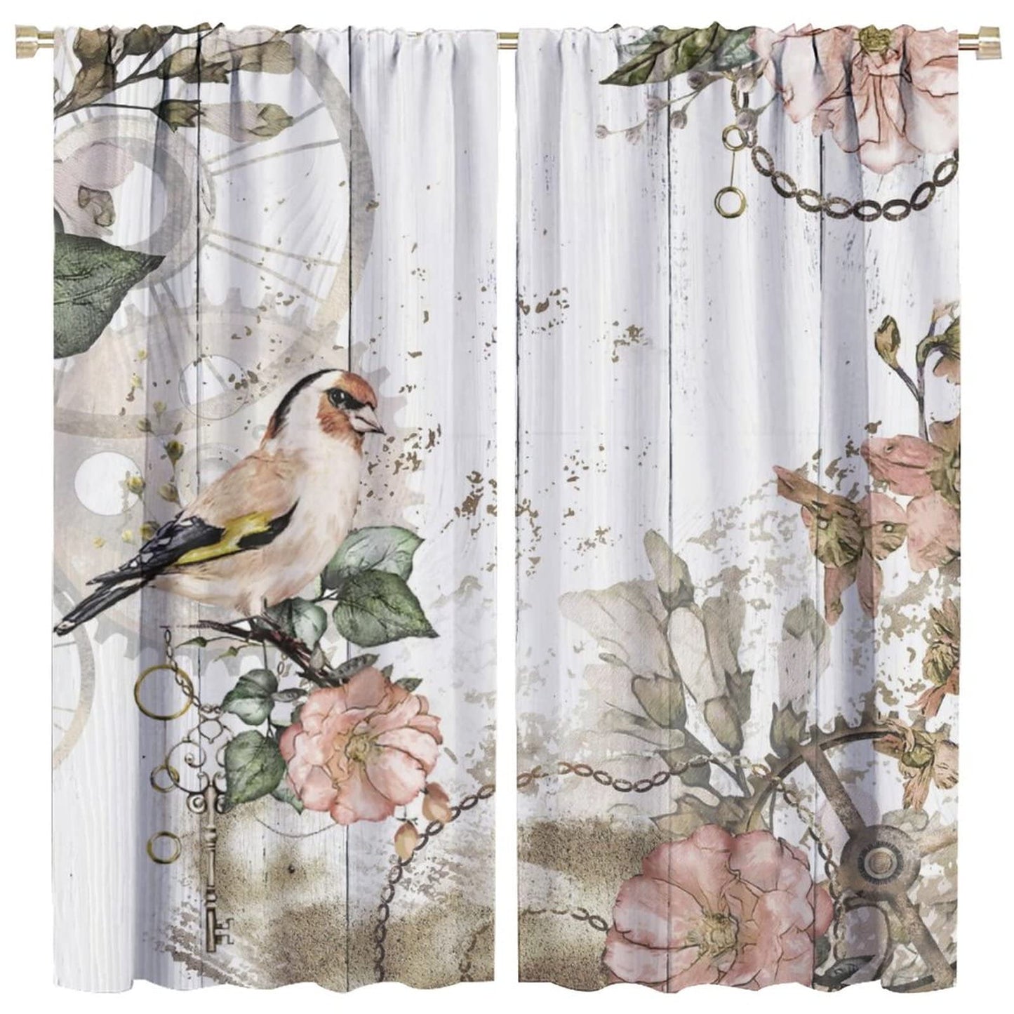 Floral Bird Window Curtains,Vintage Rustic Farmhouse Spring Flower Wooden Background Window Treatments Curtains for Living Room Bedroom Kitchen Bathroom W42xL45in