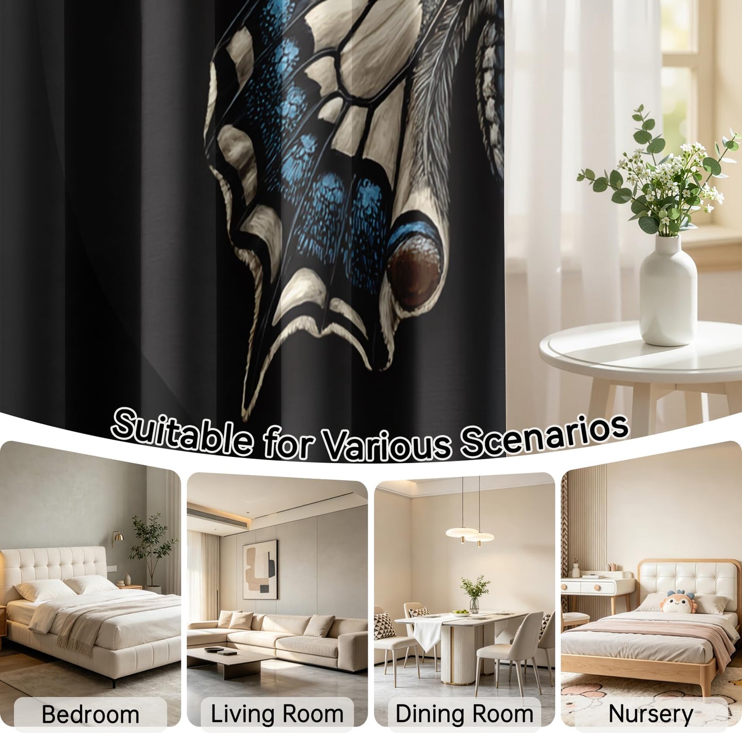 Mistwalk Butterfly Curtains Blackout, 63 Inch Curtains for Bedroom & Living Room, Room Darkening Thermal Insulated Grommet Drapes, Insect Moth Patterned Window Treatments