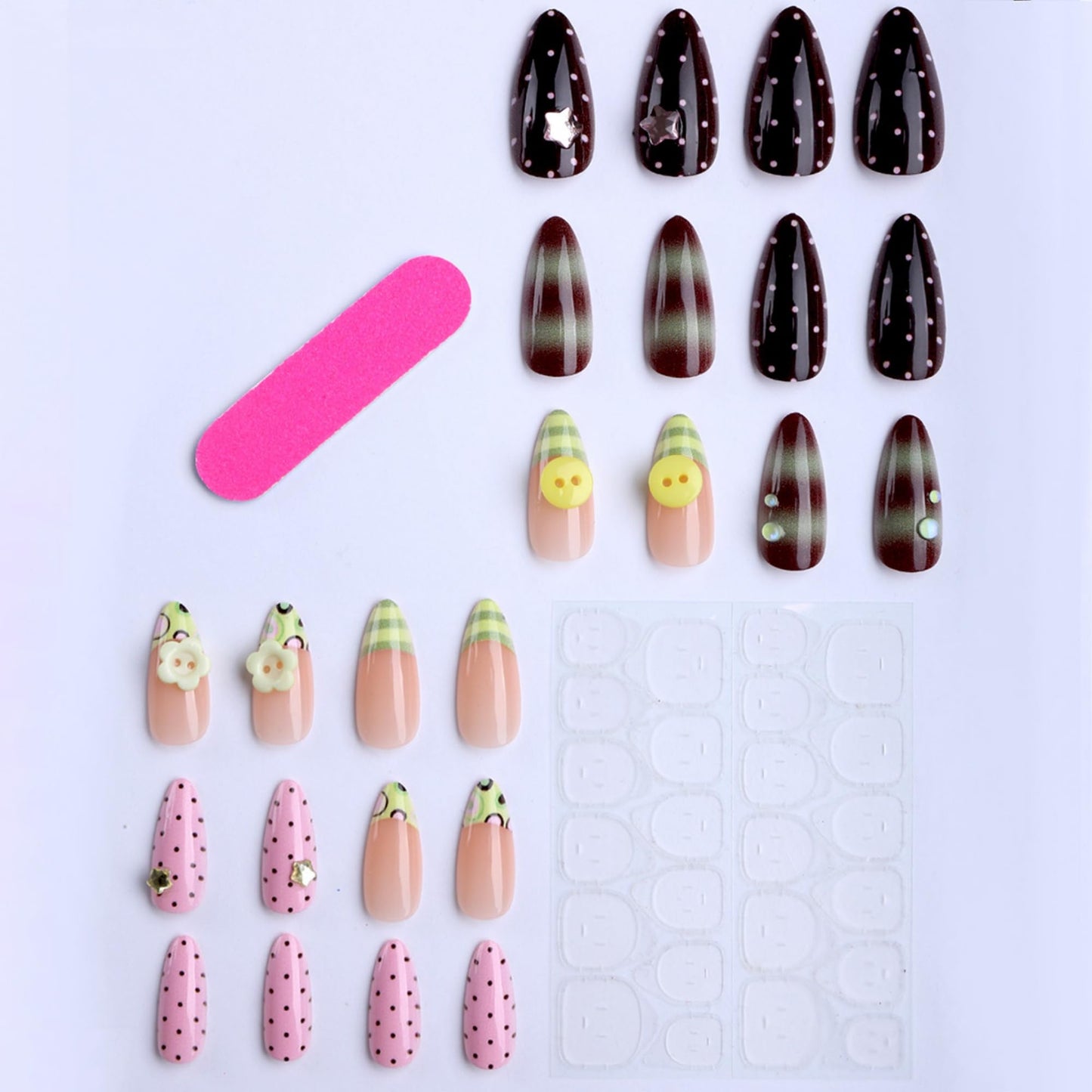 OCTOSWAVE Almond Press on Nails Long 3D Y2K Fake Nails with Star Flower Charms Durable Acrylic False Nails for Women Girls Party 24Pcs
