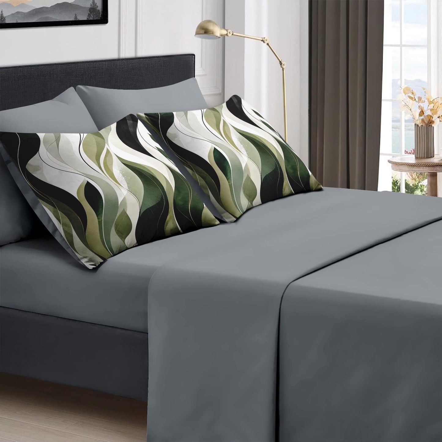 Boewywh Comforter Set Twin Size Abstract Botanical Sage 7 Pcs, Bedding for Kids and Adults, Modern Leaf Bed Sheet Sets with Fitted Sheet 2 Pillowcases & 2 Shams for Bedroom Bed Decor