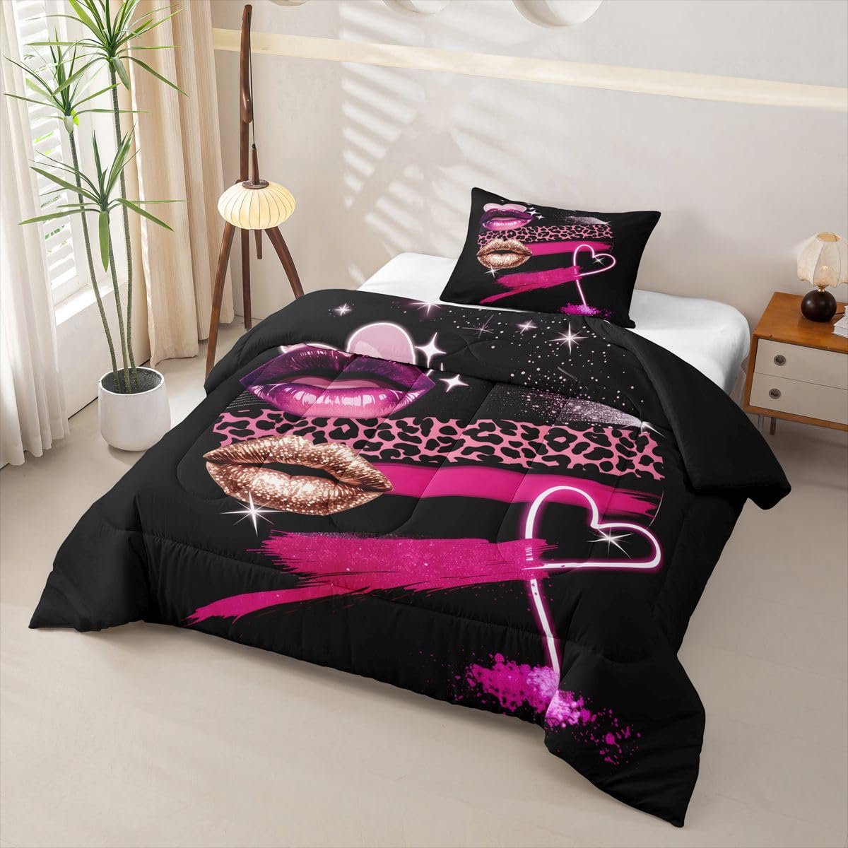 Erosebridal Black Pink Lip Comforter Set Pink Leopard Twin Bedding Sets for Girls Teen Boys Lips Print Comforter Romantic Girly Quilt