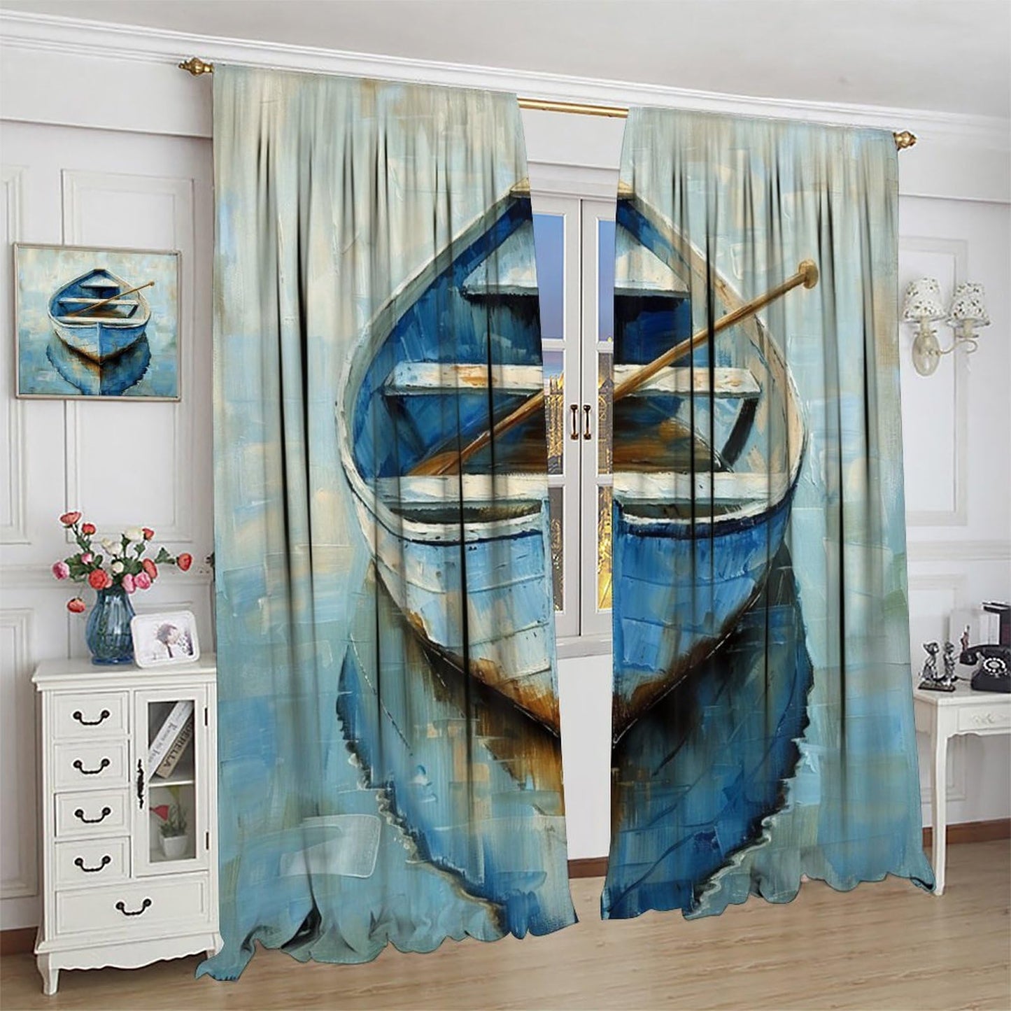 TOWINSFB Oil Painting Boat Blackout Curtains for Bedroom Living Room, Blue Wooden Ship Lake Curtains Rod Pocket Thermal Insulated Window Drapes, 2 Panels/Each 21" W x 45" L