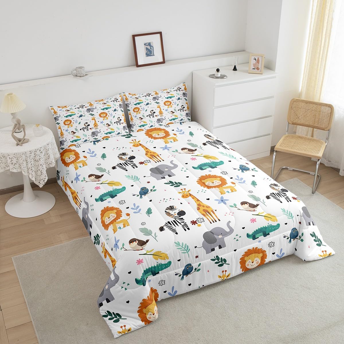 Erosebridal Full Size Zoo Animal Comforter Set, Giraffe Lion Elephant Bedding Set, Cute Wild Animals Down Comforter for Kids Teens Boys Girls Bedroom, Cartoon Safari Wildlife Quilt,Lightweight