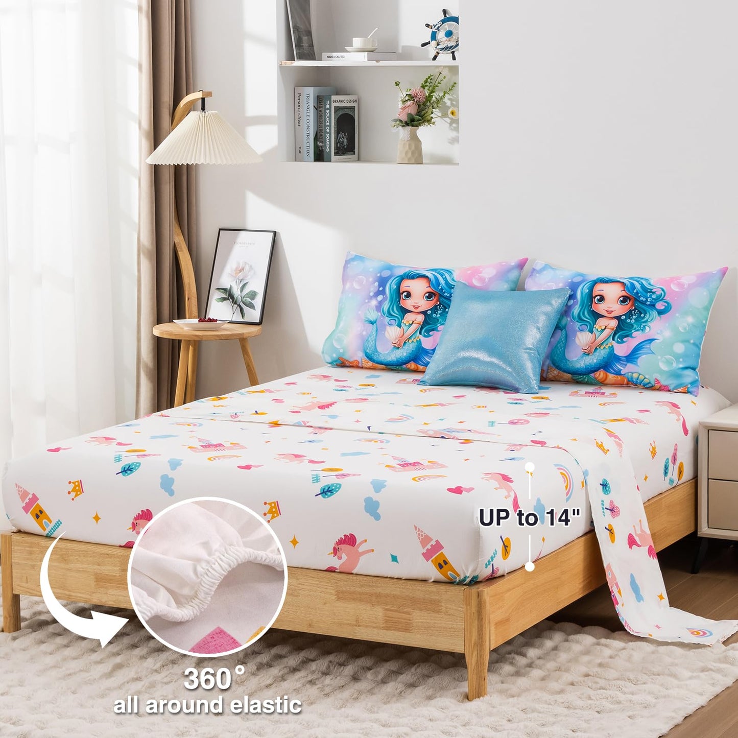 A Nice Night Mermaid Comforter Set Twin 6-Piece Bedding for Girls 3-15 Years, Soft Polyester All-Season Bed in a Bag, Princess Theme Twin Bed Quilt