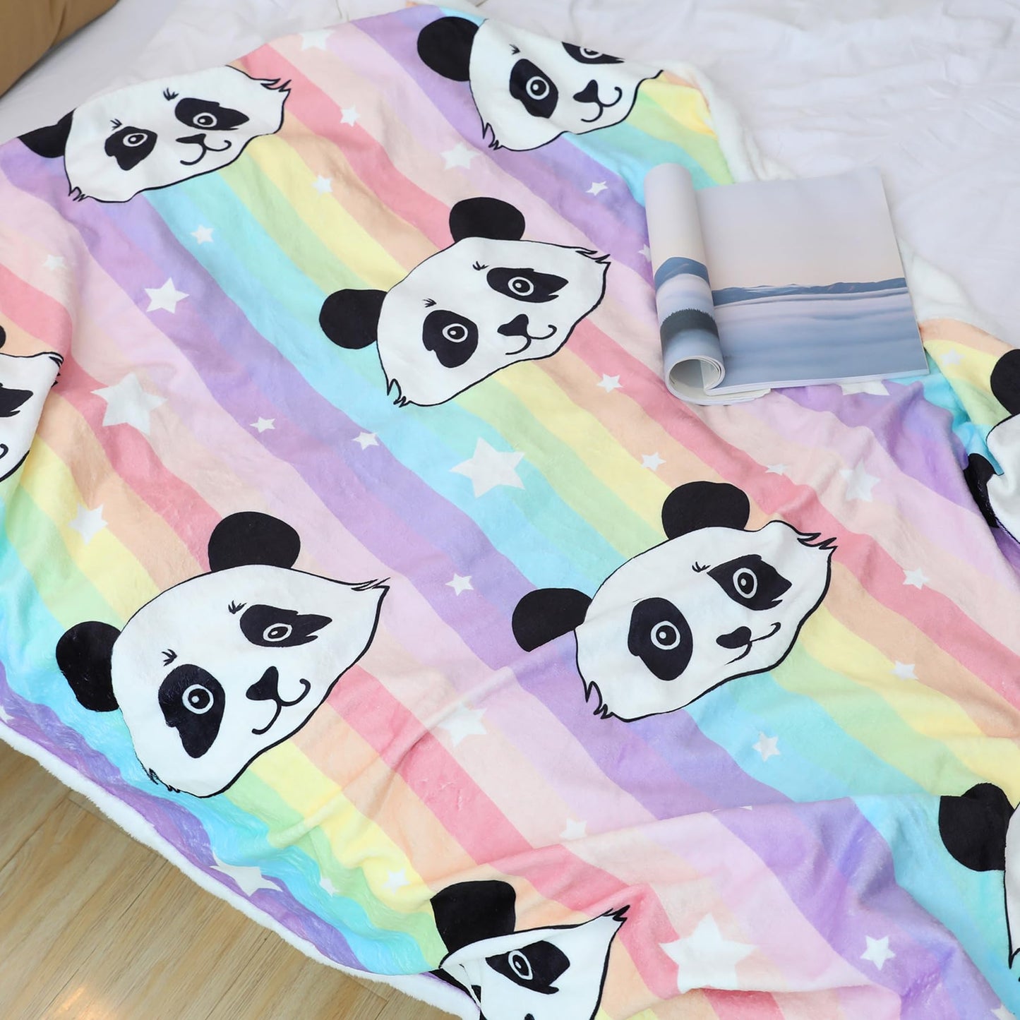 Panda Pattern Flannel Blanket - Super Soft Rainbow Cozy Throw for Girls Kids Teens, Lightweight, Cute Bedding for Home Bedroom Sofa Couch Gifts for Pandas Lover (Rainbow Panda, 50x60 Inches)
