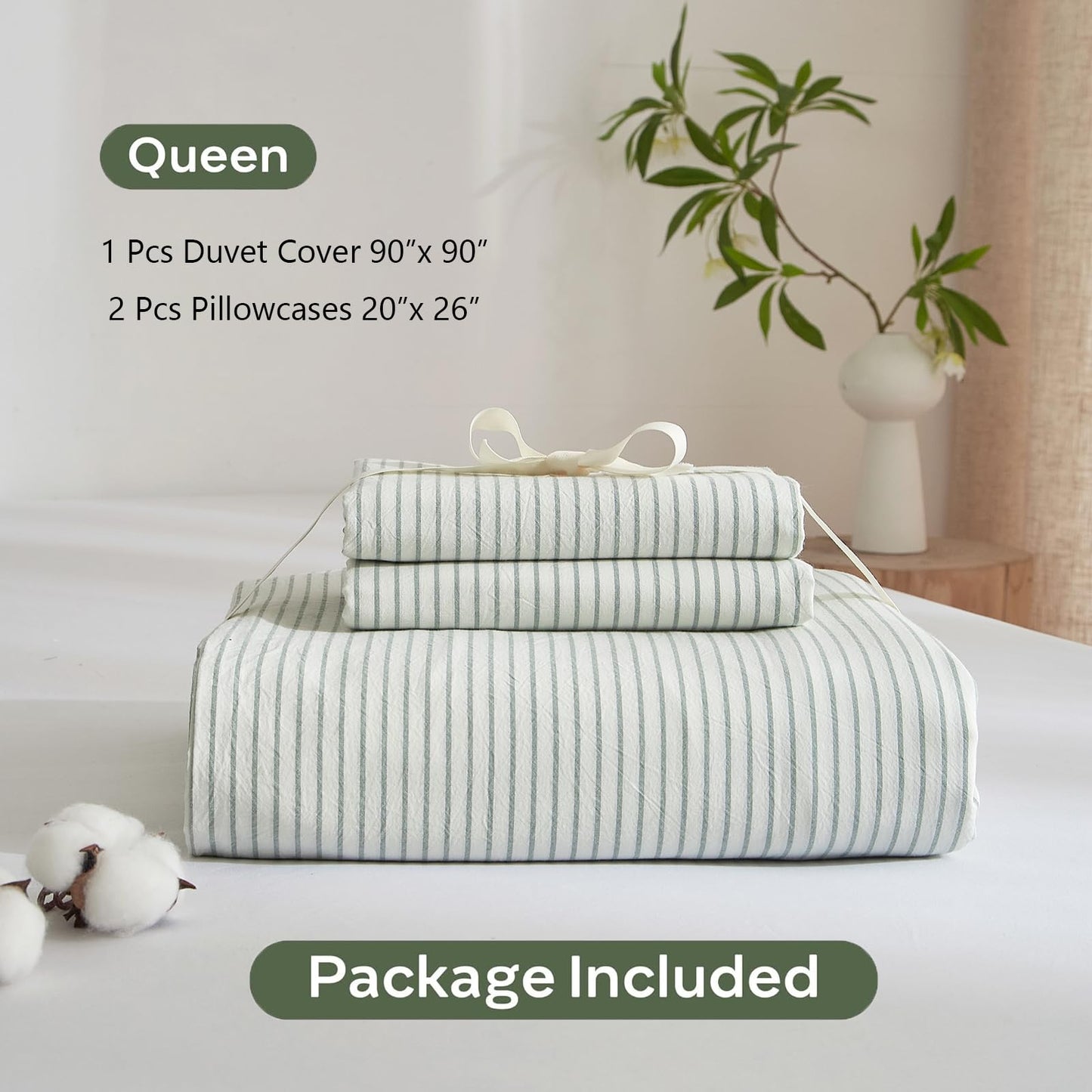 MWL Toy Striped Duvet Cover Set Queen Size 3 Pcs Breathable Durable 100% Washed Cotton Comforter Cover for All Seasons Chic Linen Like Textured Bedding Set (White Green Pinstripes, Queen)