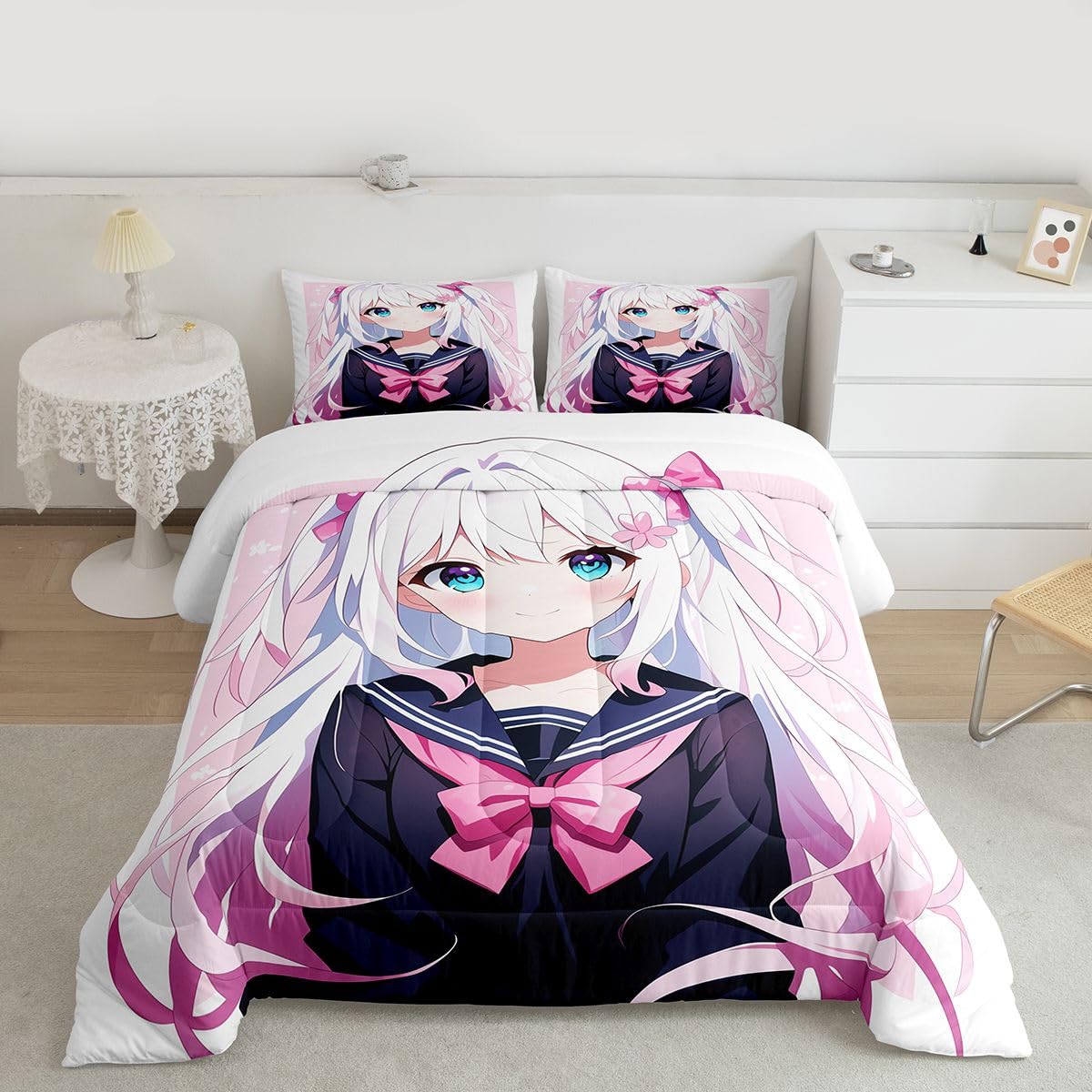 Erosebridal Kawaii Japanese Girl Comforter Set Cartoon Anime Bedding for Kids Boys Girls 3D Japanese Style Bedding Comforters & Sets Sailor Suit Uniform Girl Design Duvet Insert Full Size