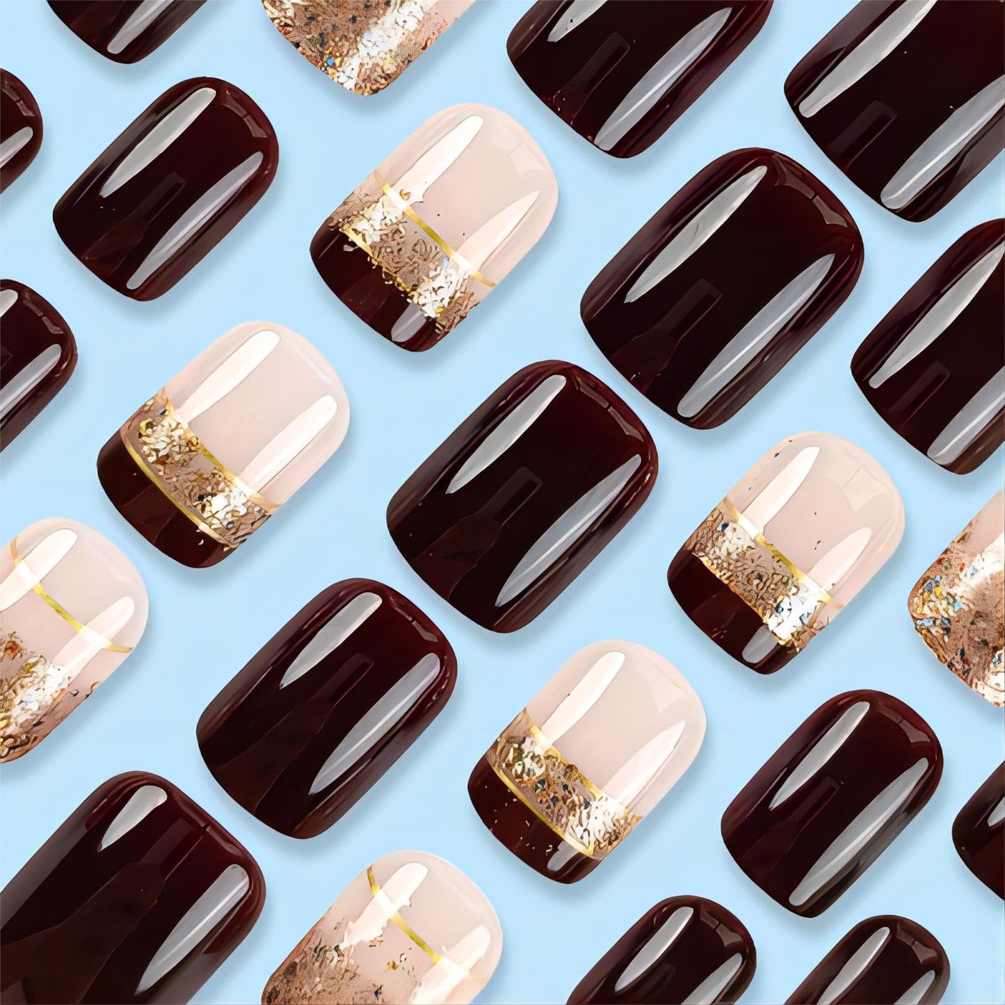 Rchovsam Brown Nails Press Ons Short Square Press on Nails French Tip Brown Design Fake Nails Sparkly Stick on Nails Full Cover Acrylic Gel False Nails Kit Gift for Womens 24pcs