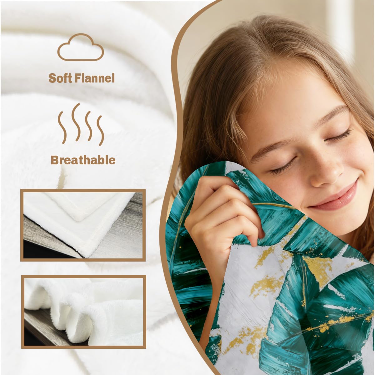 HUNXIAOJ Tropical Blankets and Throws Tropical Plant Blanket for Couch Bed Room Home Decor Tropic Leaf Throws Teal Gold Botanical Decor Flannel Gifts for Women Adults Kids 49"x59"