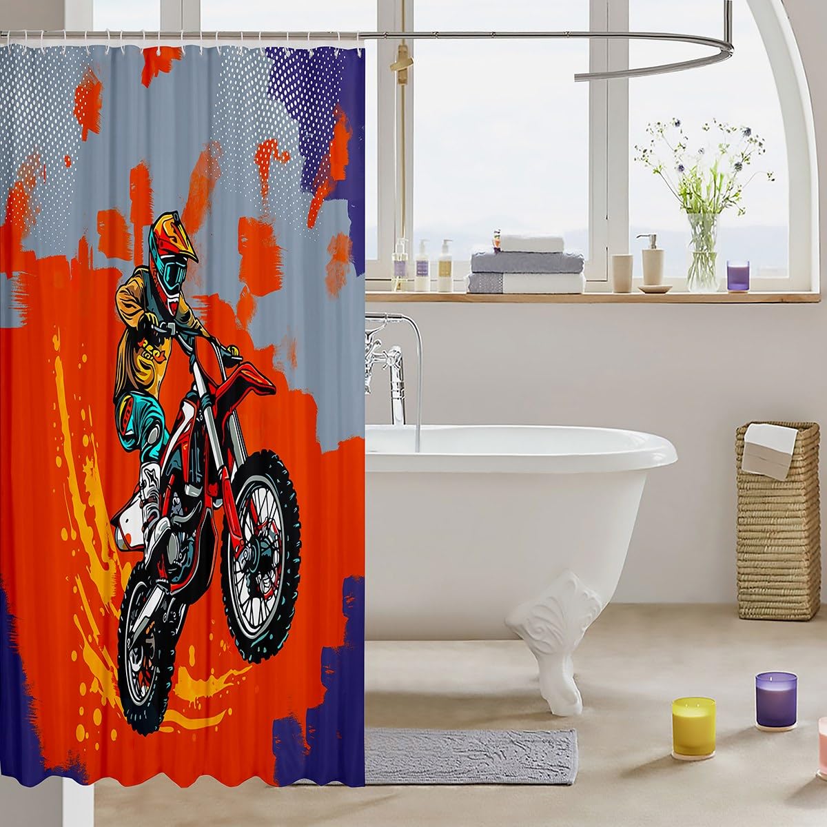 Feelyou Dirt Bike Shower Curtain Motocross Racer Fabric Shower Curtain for Kids Boys Girls Motorcycle Racer Print Bathroom Waterproof Accessories with 12 Hooks Sports Motocross Curtains,72X72 Inches