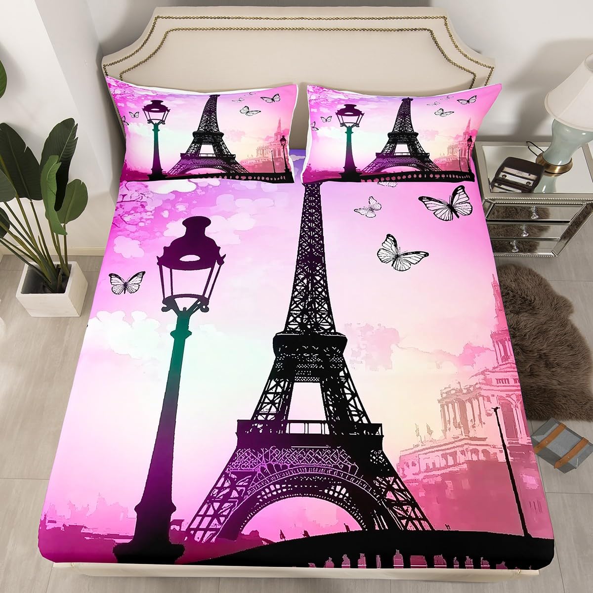 Eiffel Tower Fitted Sheet Full for Boys Kids Teens Bedroom,Fashion Paris Buildings Bedding Set(No Top Sheet),Dreamy Purple Sky Bed Sheet,French Style Bed Cover,2 Pillowcases