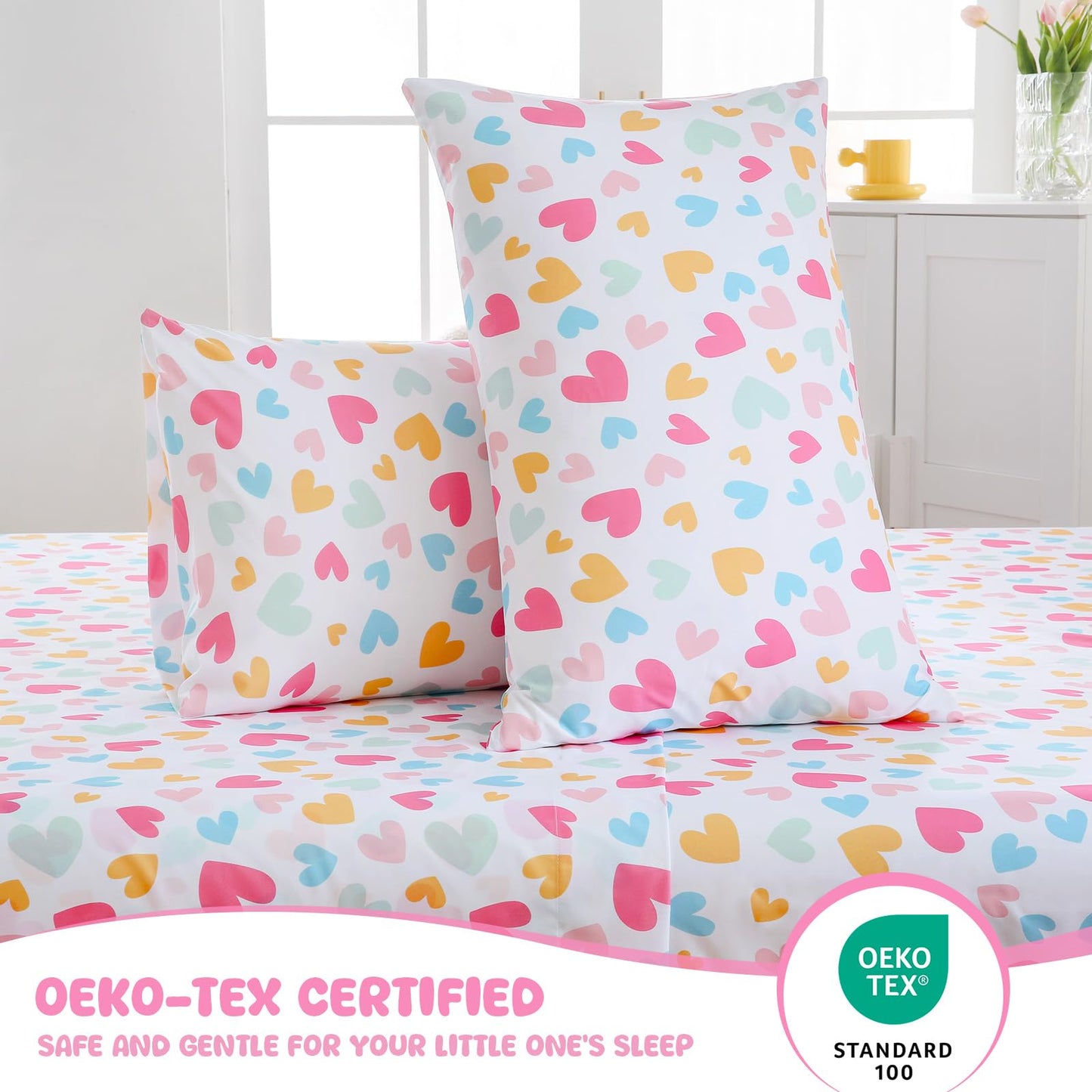 MICORAL Kids Twin Sheets Set Hearts, 3 Pieces Sheets for Boys & Girls, Soft Printed Microfiber Double Brushed Bed Sheets, Deep Pocket Cozy Toddler Bedding Set, Cute Hearts