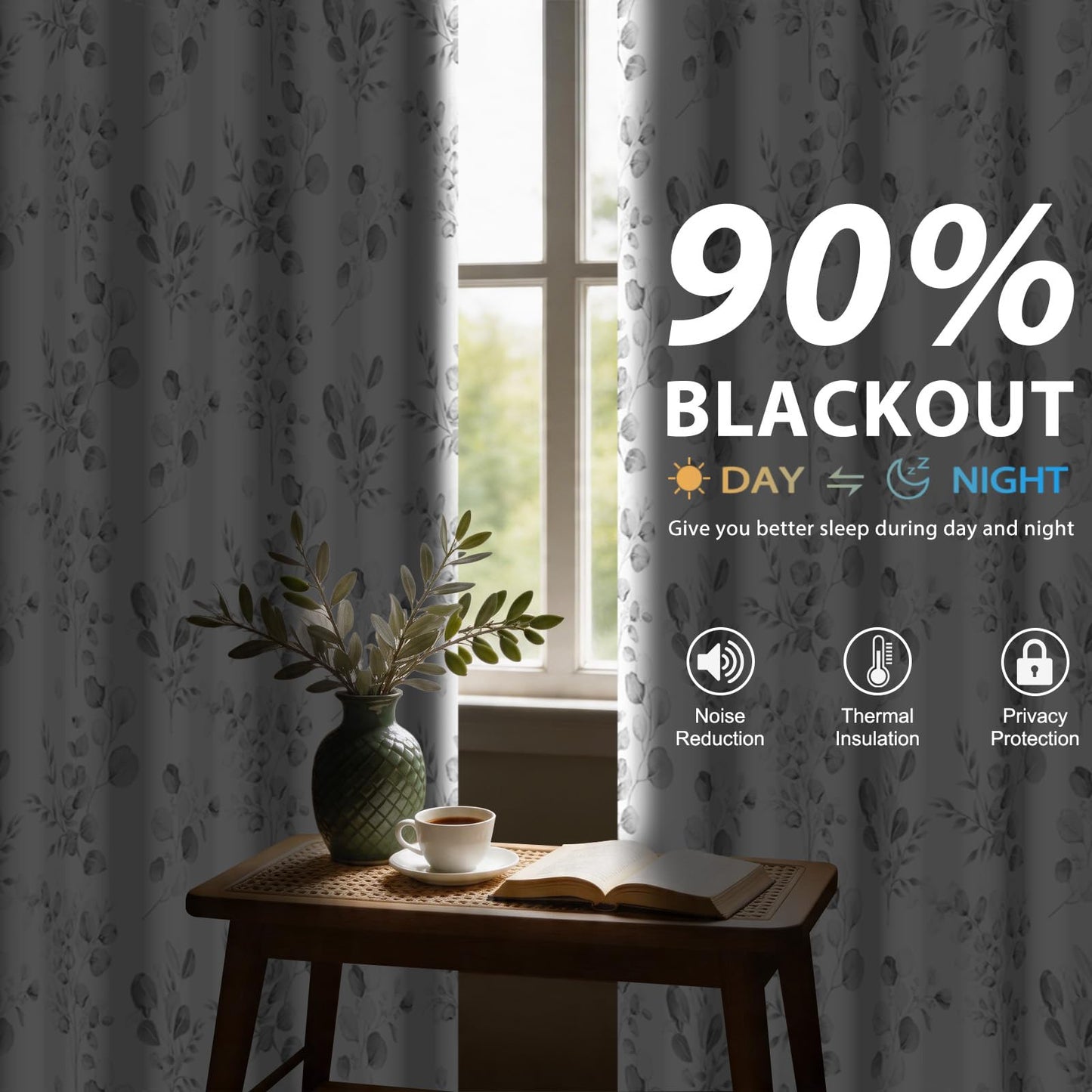 GICDSU Gray Botanical Leaf 90% Blackout Curtains 63 Inches Long Watercolor Floral Print Room Darkening Curtains with Grommet Country Soundproof Insulated Window Drapes for Bedroom Living Dining Room