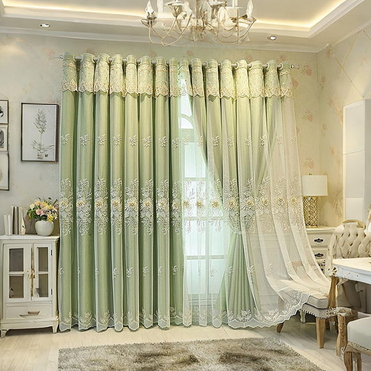 Amidoudou 1 Pair Luxury European Curtains with Valance for Living Room Bedroom Double Layer Embroidered Room Darkening Curtains (Green,51x95 Inch)