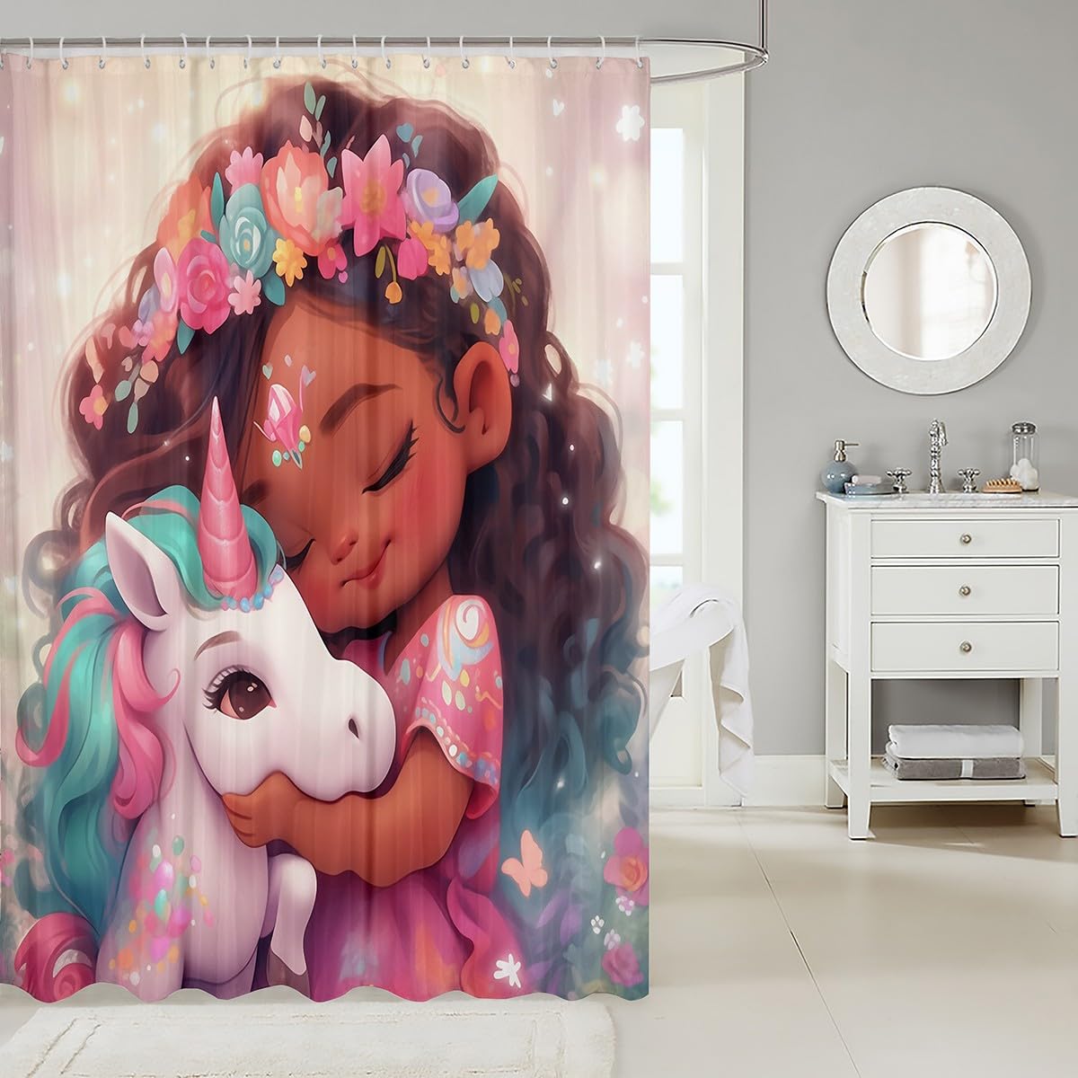 Unicorn Girl Shower Curtains American Stlye Black Cute Girl Waterproof Bath Curtains with 12 Hooks Suits for Bathtub, Flower Girl Unicorn Bathroom Curtains for Kid Princess Adults, 72" W x 72" L