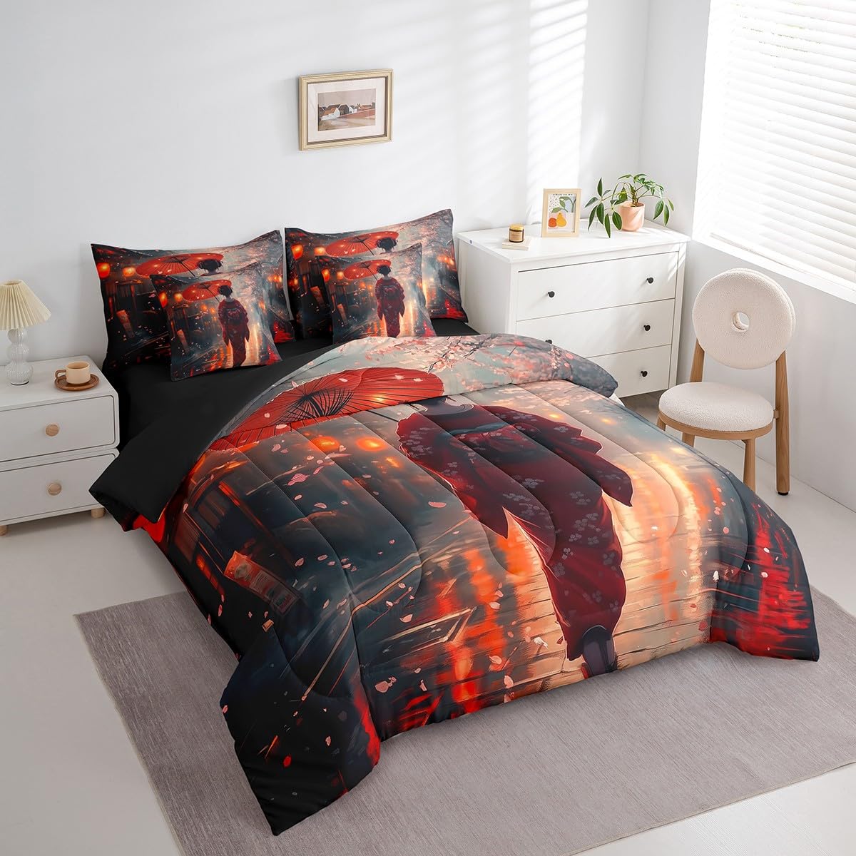 Erosebridal Japanese Comforter Set Twin,Cherry Blossom Bedding Set 7Pcs for Kids Teens Adults,Aesthetic Watercolor Quilt,Ancient Style Bed in a Bag