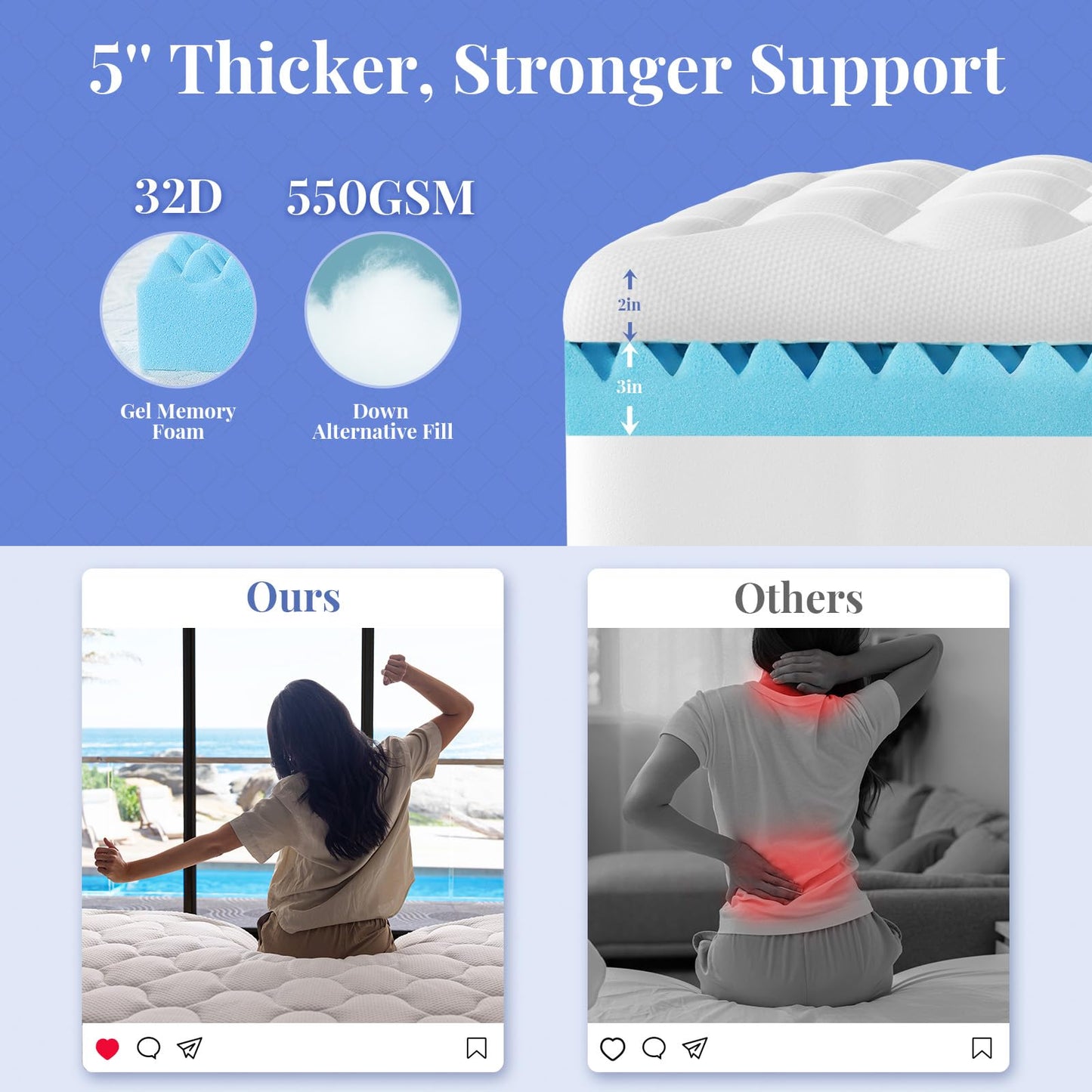 OhGeni Cooling 5 lnch King Size Dual Layer Mattress Topper, 3 Inch Egg Crate Gel Memory Foam, 2 Inch Breathable Pillow Top Pad, Bedroom Mattresses Cover, Extra Comfortable Sleep and Back Pain Relief