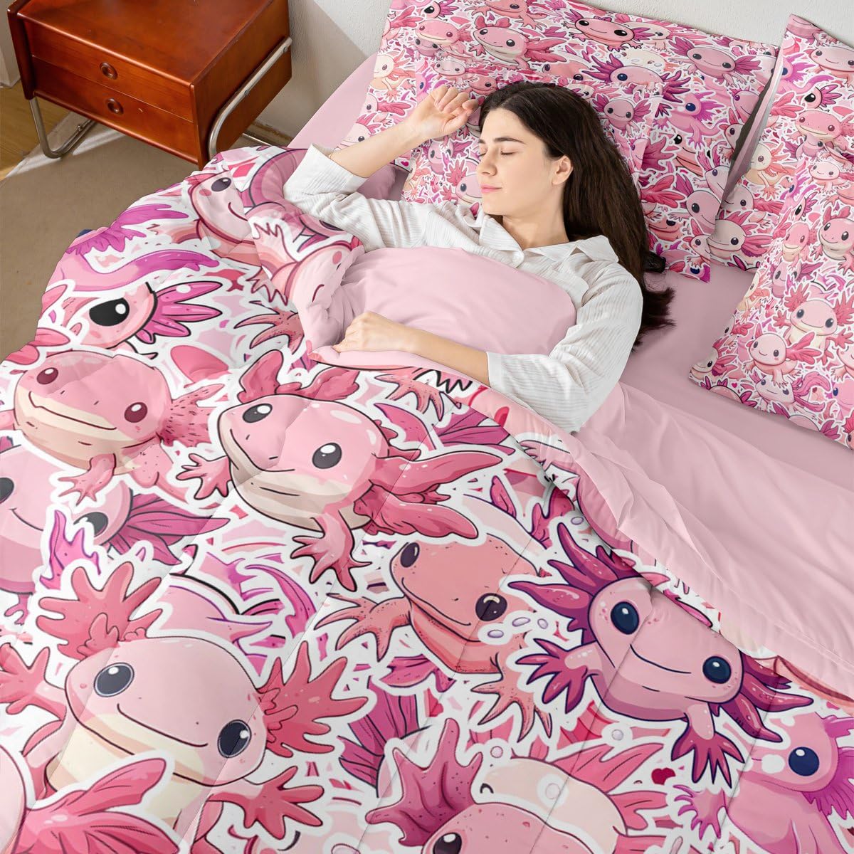 Erosebridal Girls Pink Axolotl Queen Comforter Set Kids Cute Axolotl Bed in a Bag with Flat and Fitted Sheet Kawaii Coastal Ocean Animal 7-Piece Bedding Set Cartoon Salamander Quilt Duvet Sets