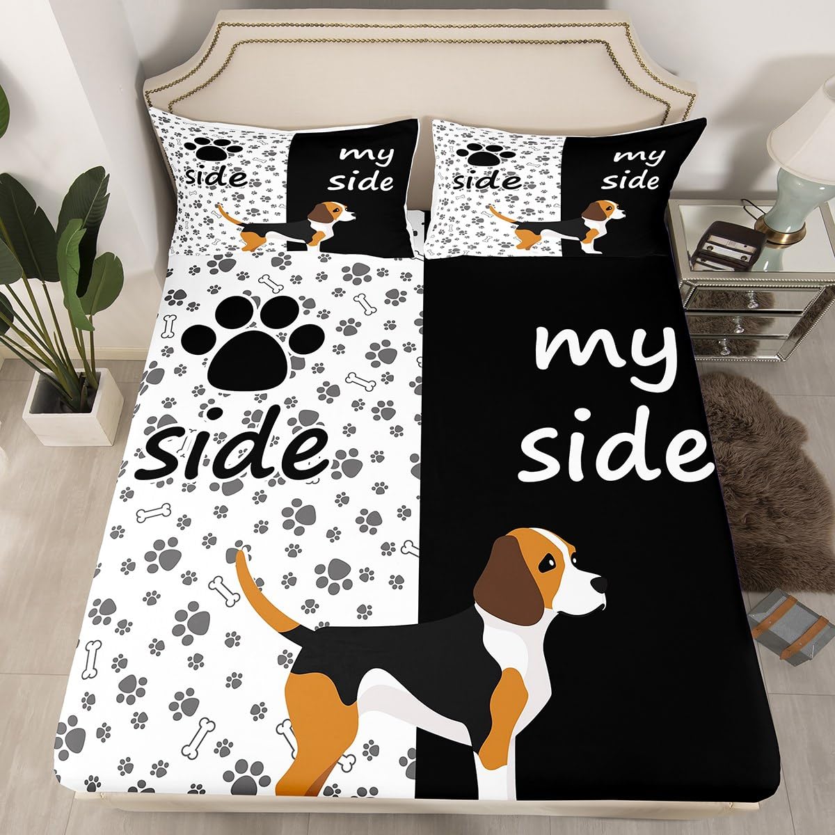 Erosebridal Lovely Dog Paw Bed Sheet Full,Cute Puppy Bones Sheet Set for Kids Boys Girls,Black and White Animal Bedding Set Bedroom Decor,Dog Side My Side Fitted Sheet + Flat Sheet + 2 Pillowcases