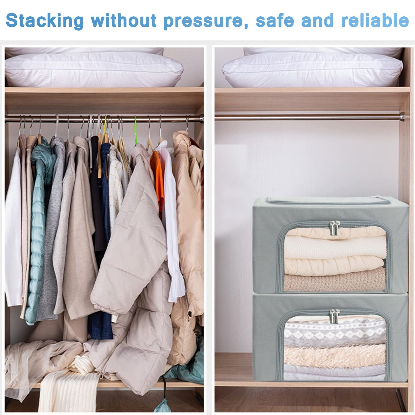UUBEMM Clothes Storage Bins with Foldable Sturdy Frame,Stackable Storage Box for Closet Shelf Organizers for Seasonal Clothing,Blankets,Towel Bed Sheets,Toys Gift Others (Medium -40L x3PACK, Grey)