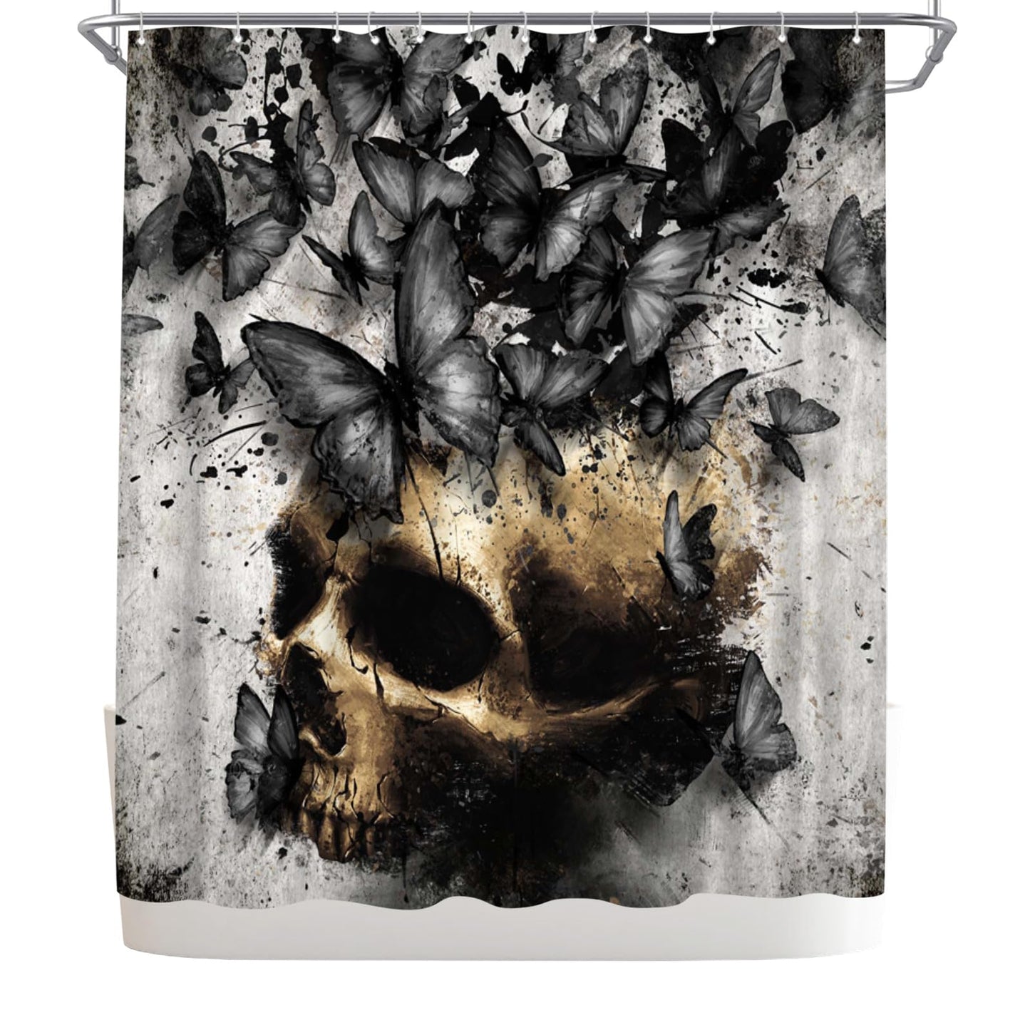 WELMECO Skull with Butterfly Shower Curtain Gothic Bathroom Decor Polyester Fabric, 72x72inch (Black)
