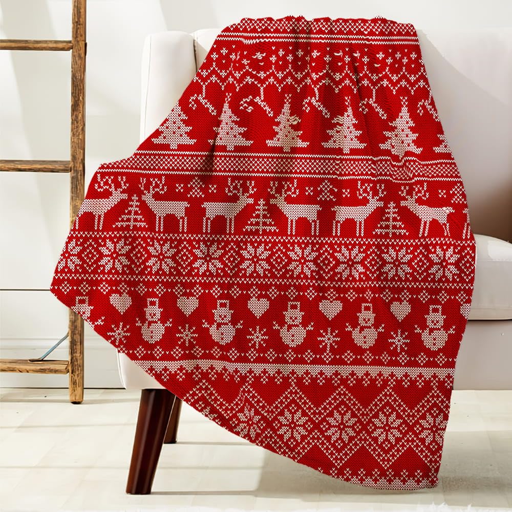 Christmas Weighted Thick Throw Blanket for Couch, Red Winter Snowman Reindeer Snowflakes Christmas Tree Candy Cane Soft Chunky Fleece Flannel Blanket for Bed Office (50X60 Inches)