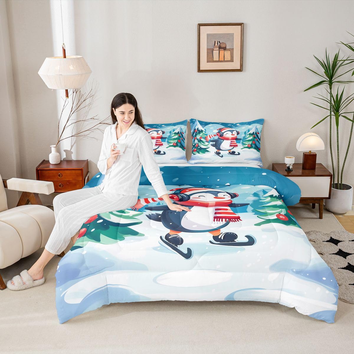 Erosebridal Cute Penguin Kids Comforter Sets Skating Penguin Queen Bedding Set for Boys Girls Antarctic Animal Sports Comforter Set,Winter Snowy Forest Quilt Duvet 3 Pcs