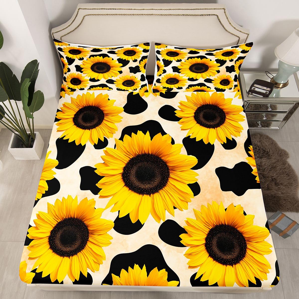 Sunflower Fitted Sheet for Kids Girls Boys Black White Milk Cow Print Bedding Sets Spring Summer Floral Fitted Bed Sheets Highland Cow Farm Theme Sunflower Bedding Twin Size,No Flat/Top Sheet