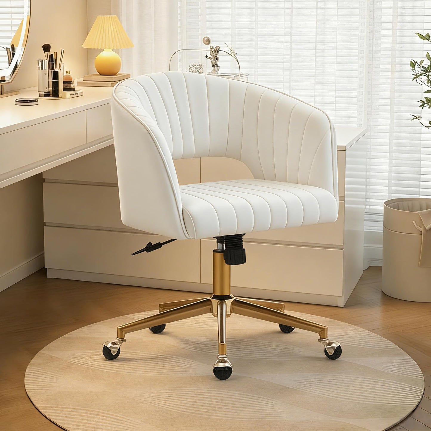 Kiztir Vanity Chair with Wheels, Criss Cross Velvet Vanity Chair with Back Modern Home Office Desk Chair Swivel Accent Chair for Bedroom Living Room (Beige)