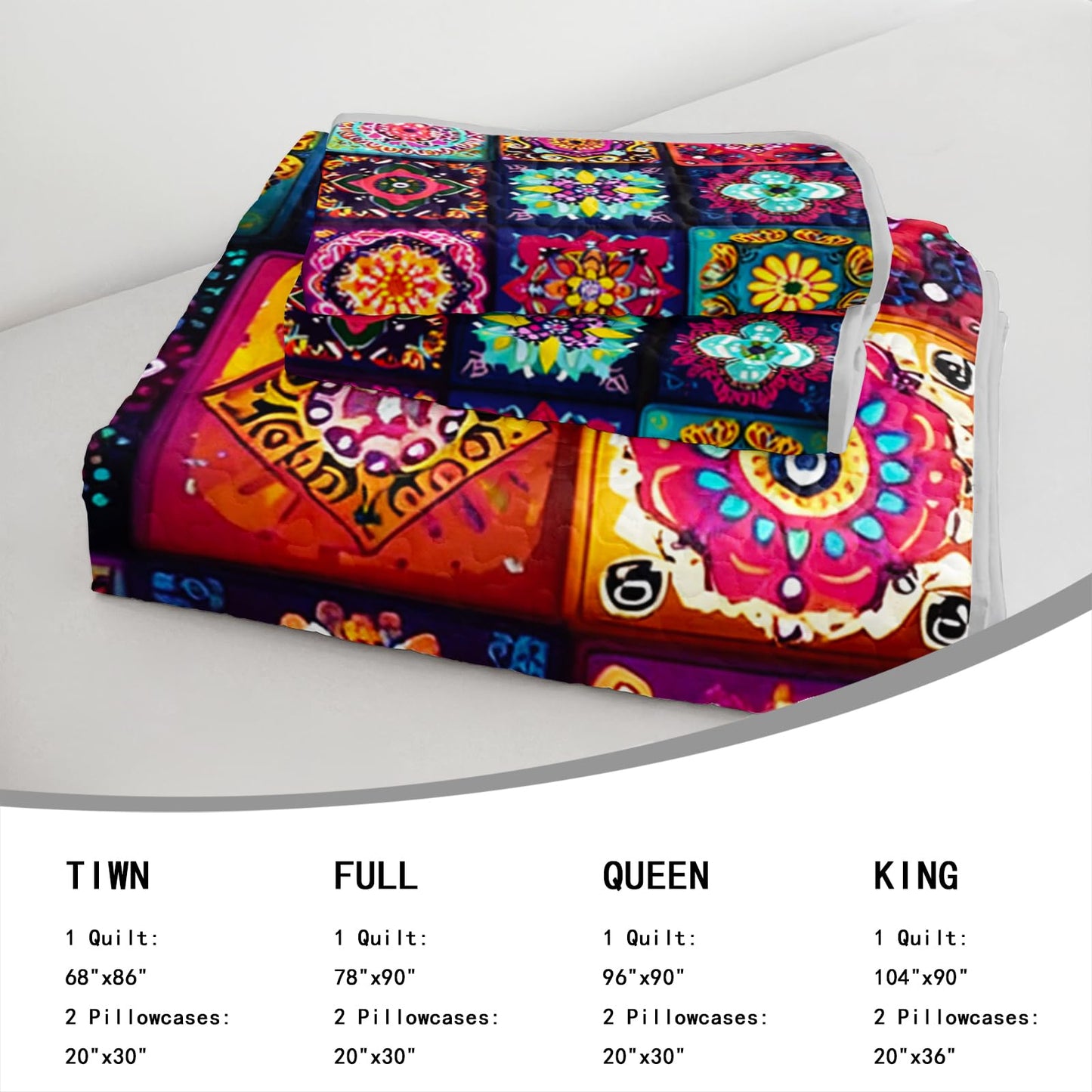 AILONEN Boho Floral Quilt Set King Size, Colorful Mandala Bohemian Ethnic Flower Bedspread Coverlet,Microfiber Bed Cover 3Pcs,2 Pillowcases