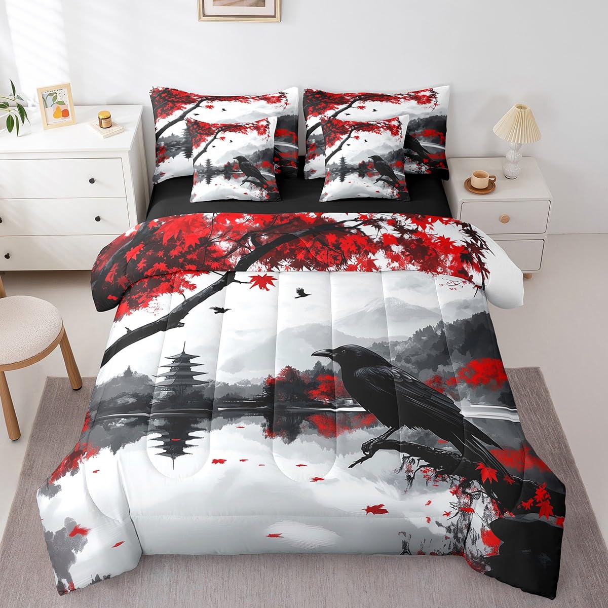 Feelyou Boys Girls Parrot Comforter Set with Sheets Queen Size, Cute Animal 7 Pieces Bedding Set Wild Animal Bed in A Bag Kids Japanese Style Teens Bed Set Bedroom Decor 7Pcs