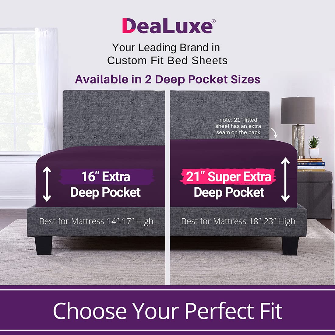 Deep Pocket King Size Sheets – 21” Extra Deep Pocket King Size Sheets – [4 Piece Set] King Bed Sheets Oversize Flat Sheet, Fitted Sheet, 2 Zippered Pillowcases 18”–23” Deep Pocket King Sheets – Purple