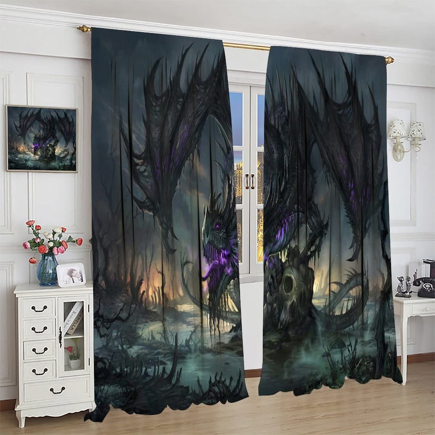 Game Room Curtain Black Dragon Curtain Skeleton Gothic Decoration Window Treatments Fantasy Dream Theme Blackout Window Curtain Rod Pocket Window Curtain Drapes for Living Room Bedroom 42x45in