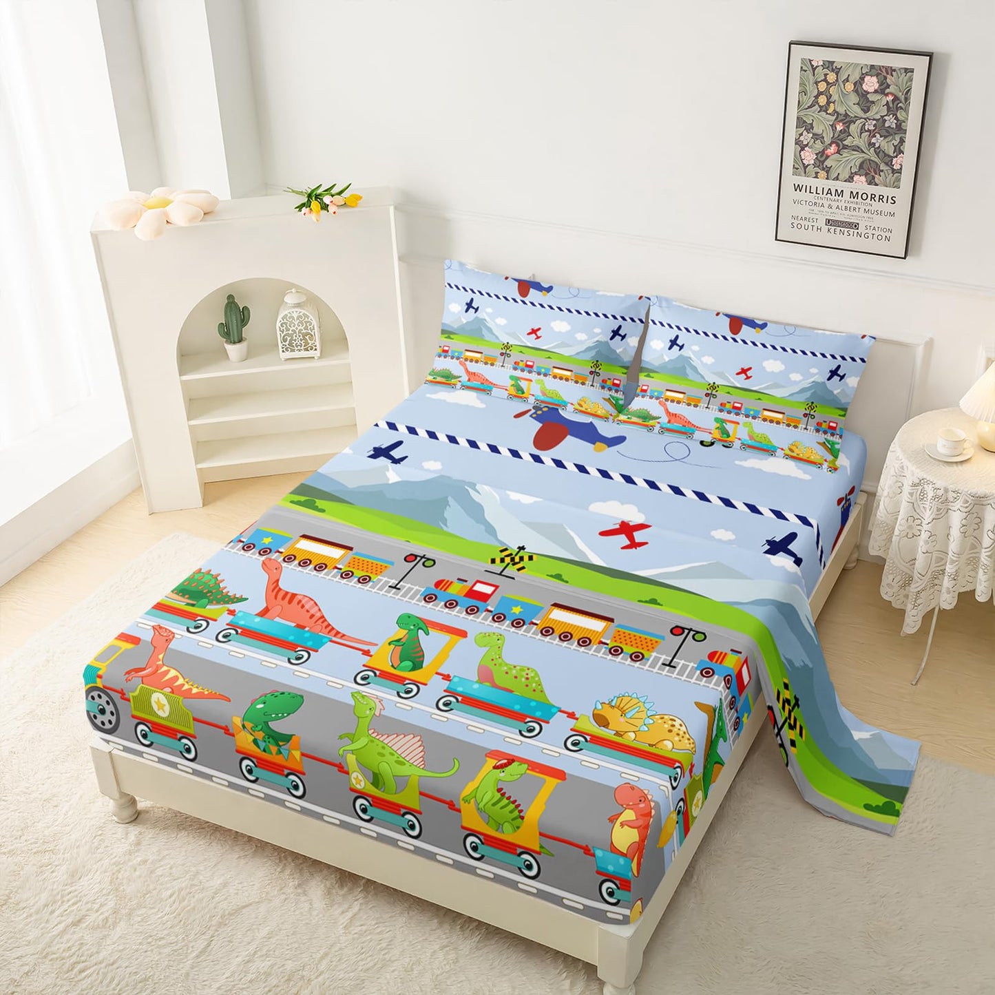 QOOMO Dinosaurs Queen Sheets Set for Boys Cute Bedding Set for Teen Kids Cartoon Dinosaurs Soft Microfiber Train Bed Sheets Kids Airplane Bed（1 Fitted Sheet, 1 Flat Sheet, 2 Pillow Cases）