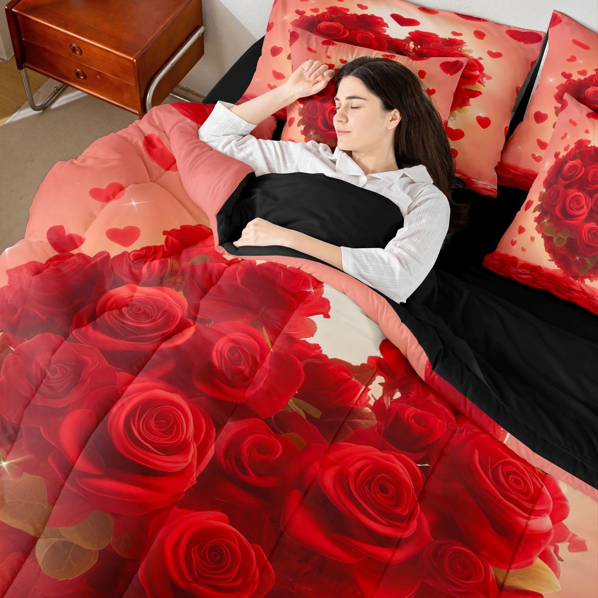 Erosebridal Romantic Red Roses Queen Bed in A Bag 7 Piece Valentine Day Comforter Set with Sheets Love Heart Pattern Rose Bedding Sets for Women Men Adults,Cute Love Heart Florals Bed Set