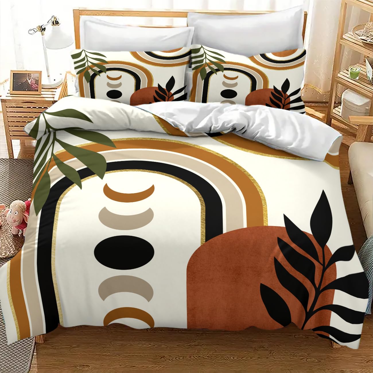 Lnepty Bohemian Leaf Comforter Set,Mid Century Abstract Tropical Plant Minimalist Modern Geometric Palm Leaf Simple Bedding Duvet Cover Sets with Pillowcase for Bedroom Bed Decor，Twin 86"x70"