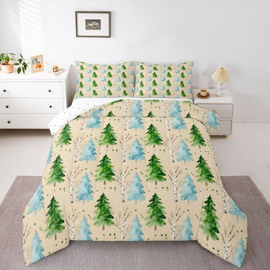 Erosebridal Pine Tree Comforter Set Spring Botanical Garden Full Size Bedding Sets for Young Boys | Christmas Trees Boho Plant Comforter Farmhouse Christmas Bed Set, Kawaii Room Decor Aesthetic