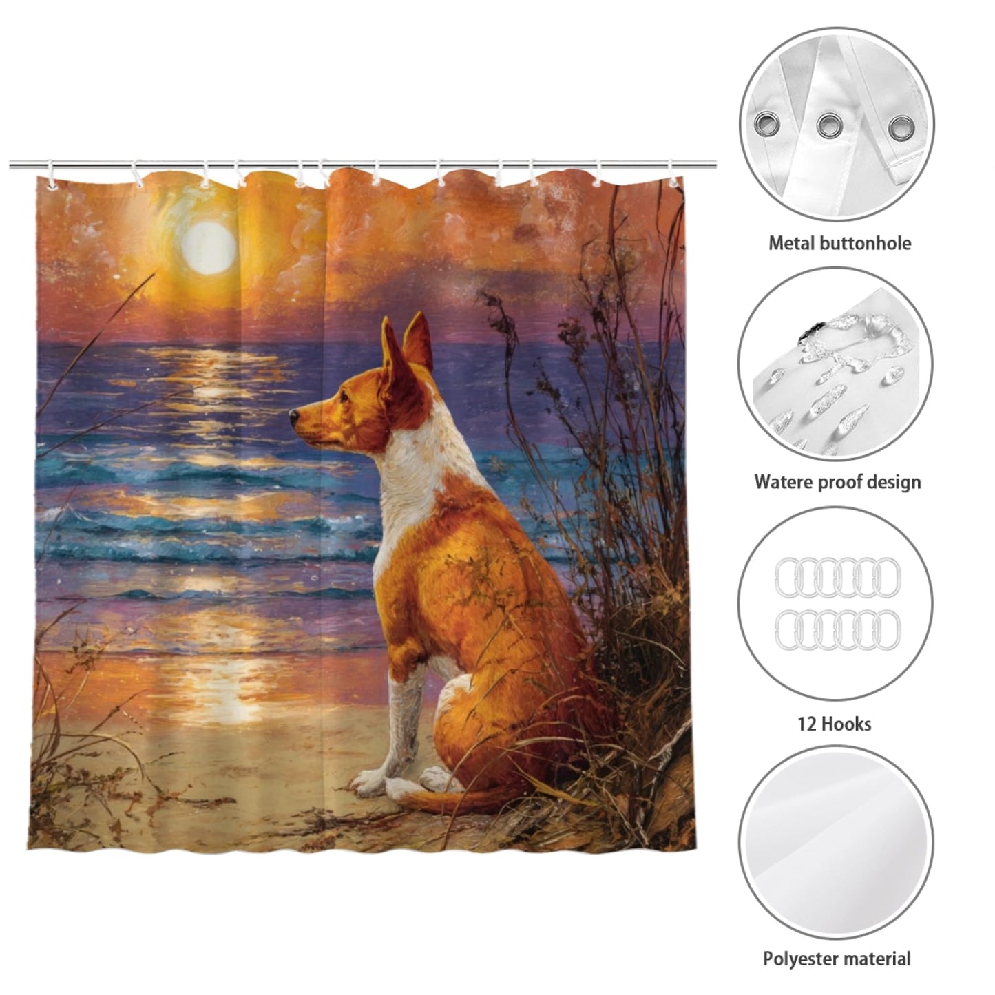 Wordatu Basenji Shower Curtain on Sunset Sunrise Beach Seascape Art Shower Curtain Set, Nautical Ocean Bath Accessories Coastal Seaside Bathroom Decor 72x72 Inches