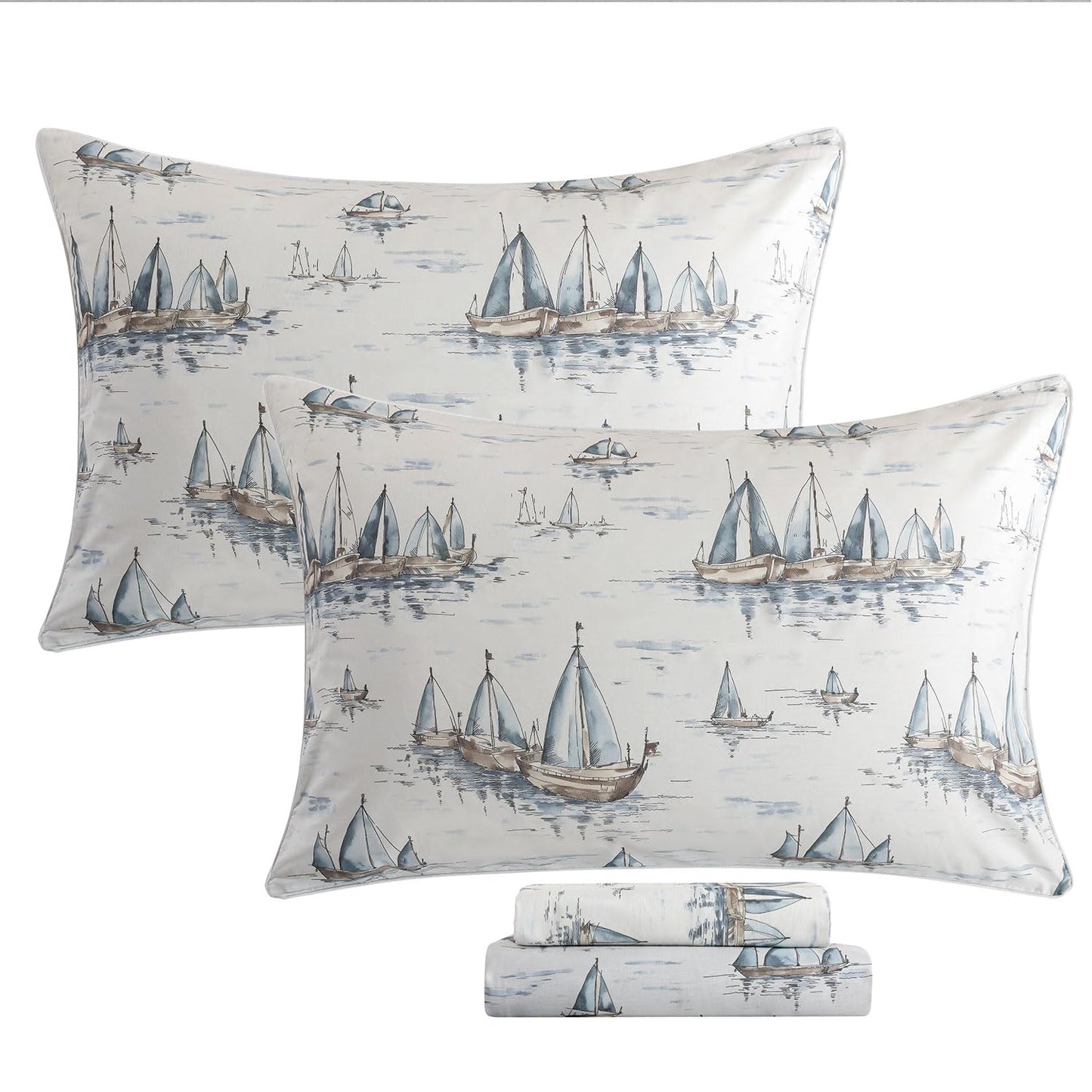 FADFAY Premium 100% Cotton Sheet Set Queen – Coastal Nautical Sailboat Bedding, Soft Gray Seaside Harbor Print, Soft Breathable Cooling Bed Sheets, Deep Pocket Luxury Coastal Bedding 4 Piece